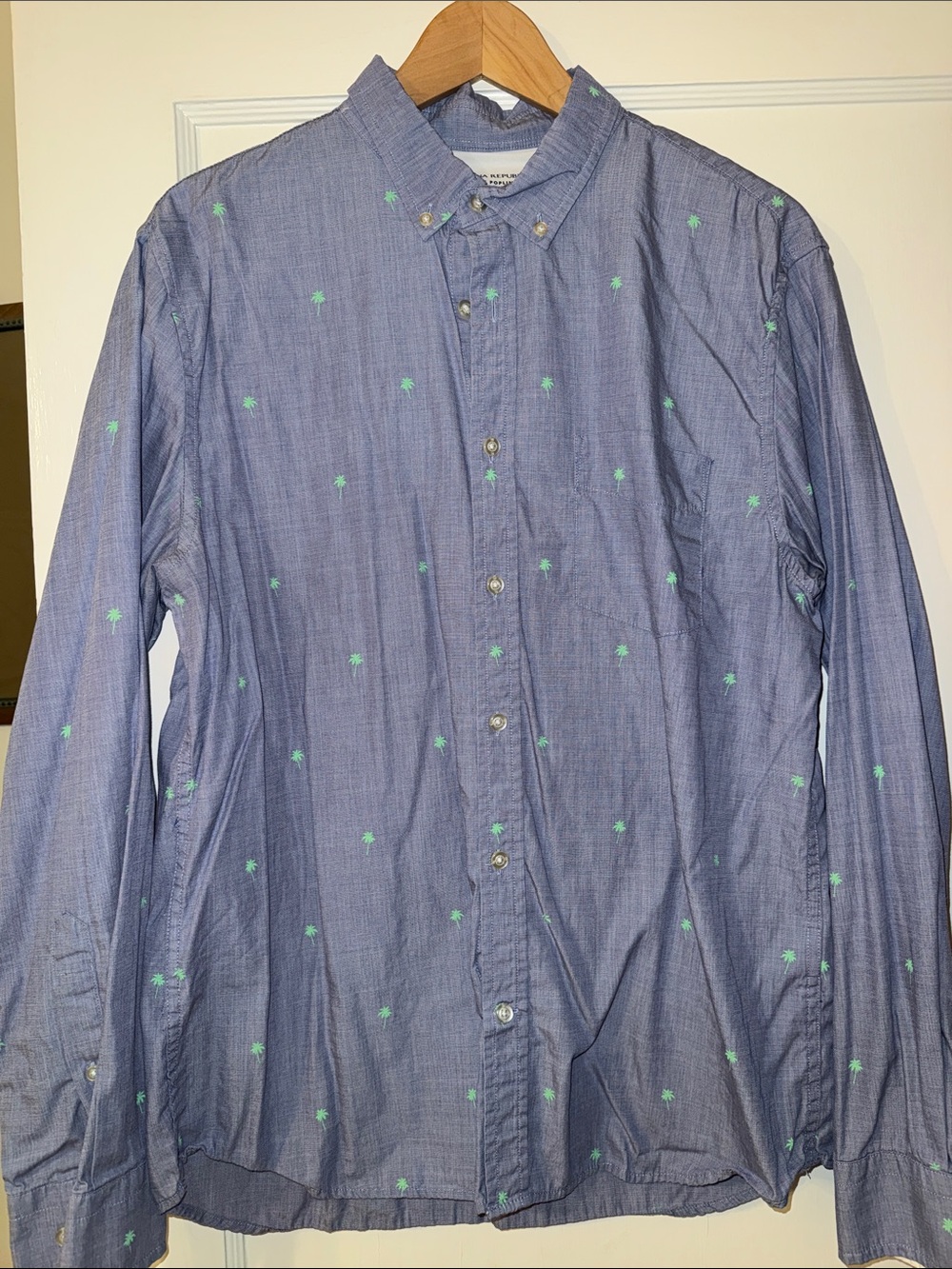 Banana Republic Blue Button-Down Shirt with Green Palm Embroidery